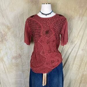 Y2K Burnt Orange Boho Embroidered Shirt